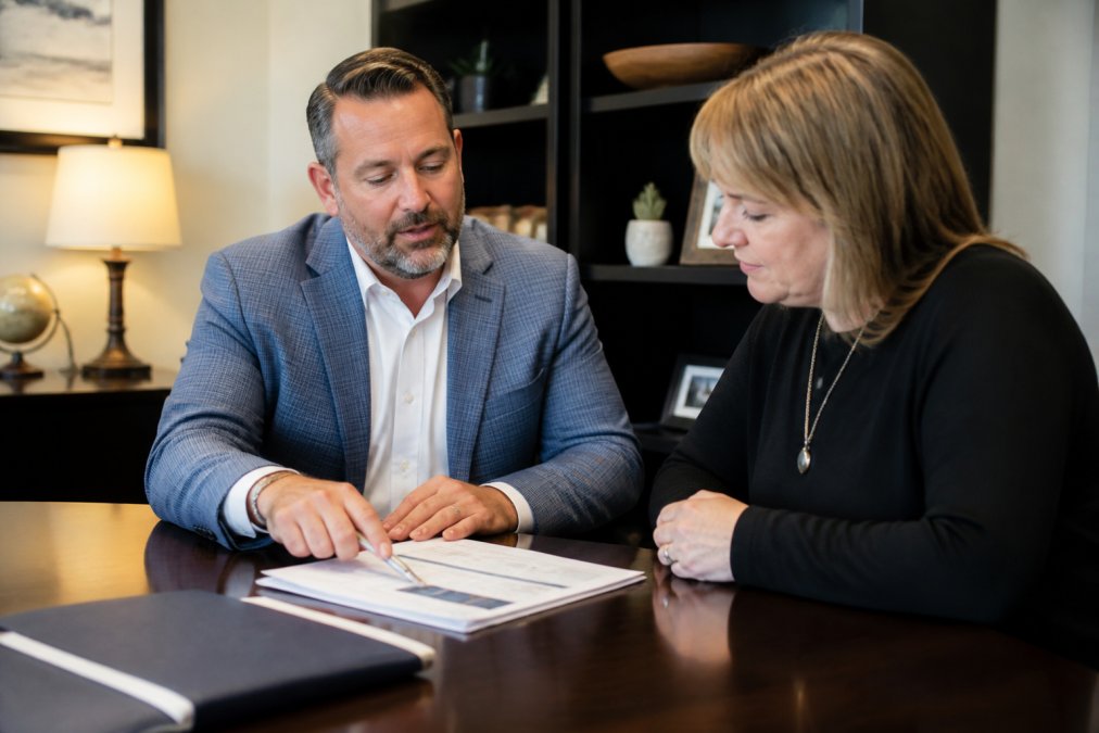 A financial advisor and client having a consultation in a professional office, looking at retirement planning materials and charts, warm office lighting