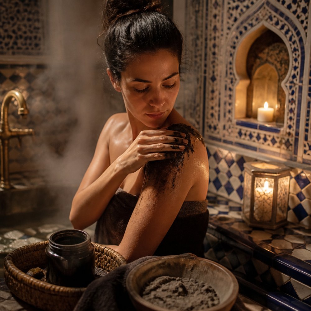 A woman in a steamy bathroom applying black soap to her shoulder, with a kessa glove and a bowl of ghassoul clay nearby, warm candlelight, serene spa-like atmosphere