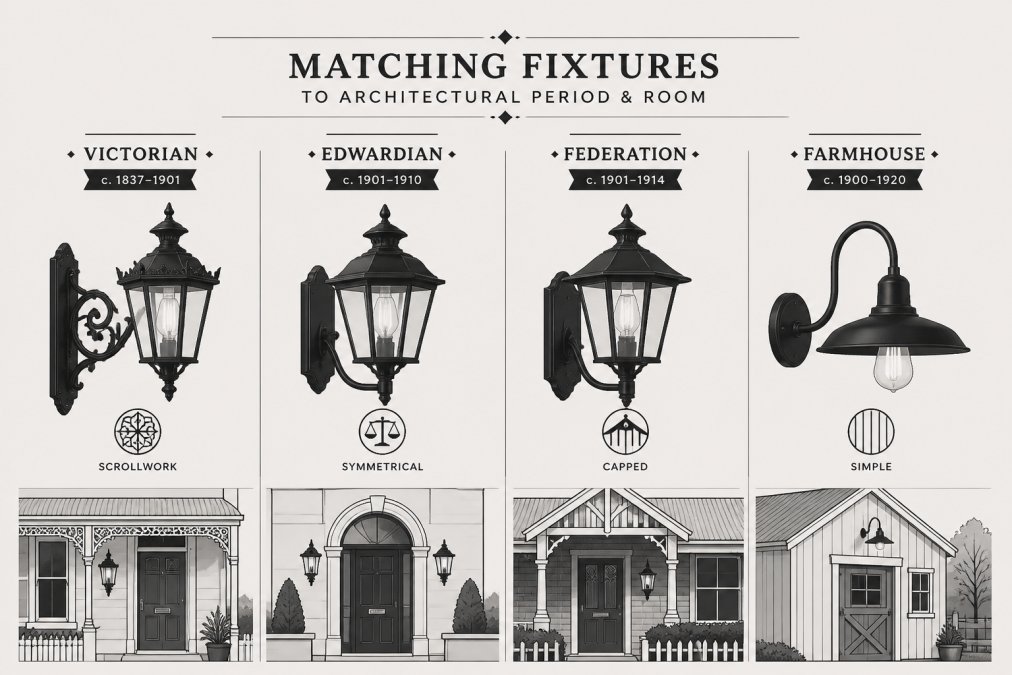 Illustrated lineup of four period-appropriate outdoor wall lanterns: a Victorian scrollwork bracket lantern, an Edwardian symmetrical lantern, a Federation capped lantern, and a simple farmhouse barn shade, each labelled with its era