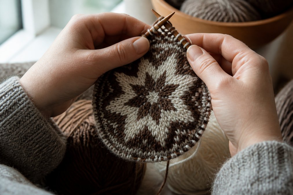 Close-up of a knitter's hands working a small circular project with an eight-pointed star motif in two colors of natural Shetland wool, soft window light, shallow depth of field