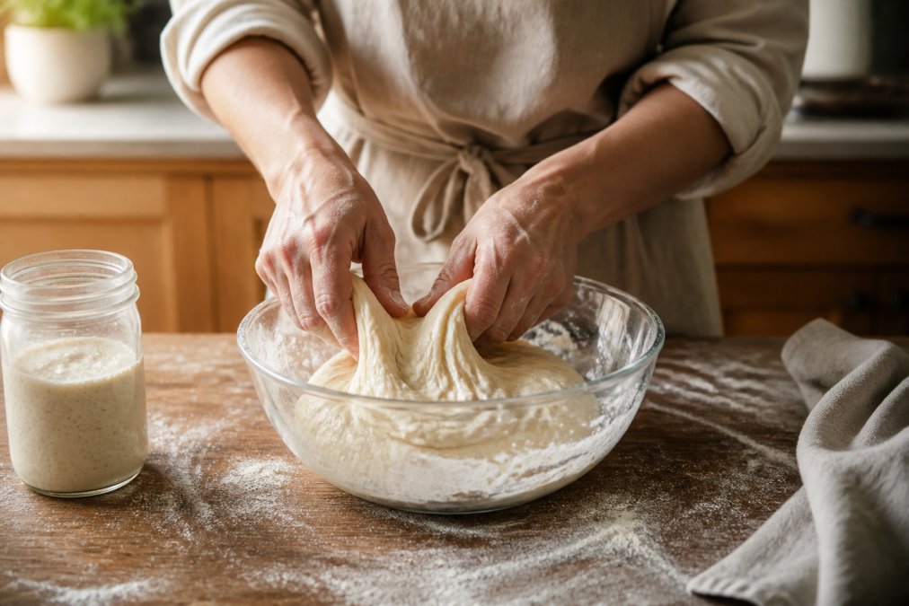 Baker performing a stretch and fold on dough to improve sourdough baking methods in a flour-dusted kitchen bowl.