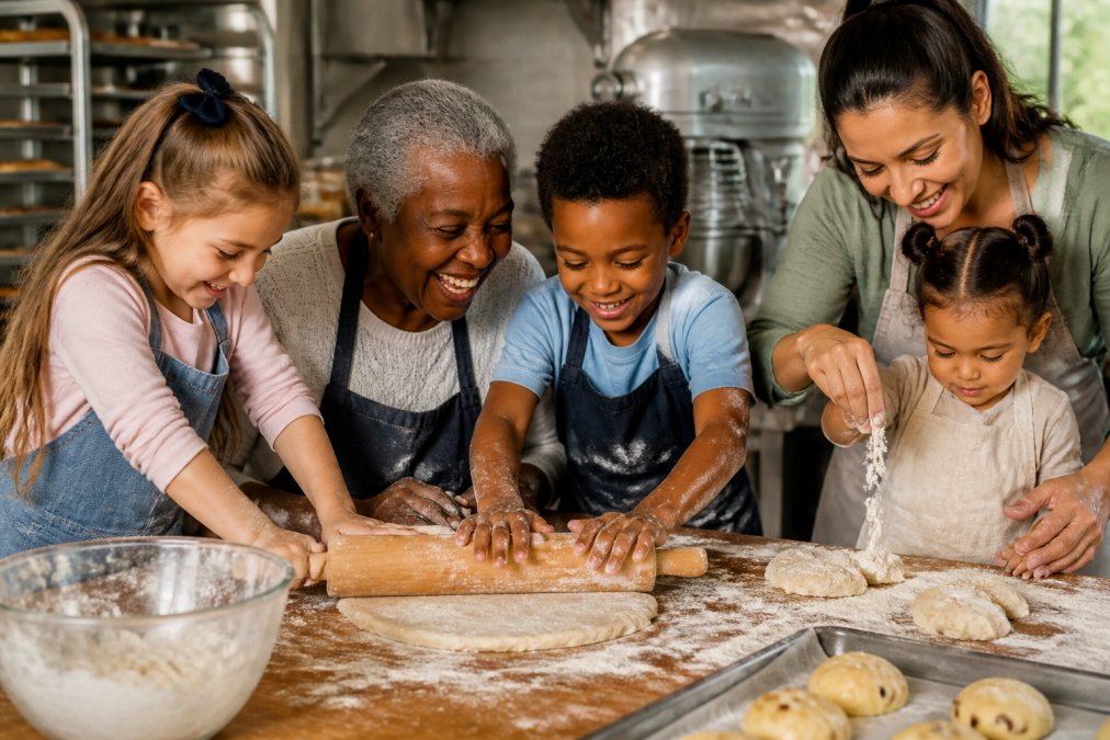 A joyful multi-generational group in a sunlit kitchen: a Black grandmother laughing while a young white girl and a young Black boy roll out dough with a wooden rolling pin on a flour-dusted counter, while a Hispanic mother helps a toddler sprinkle sugar, warm natural lighting