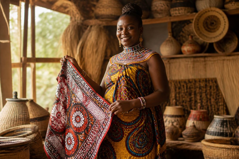 A woman wearing a vibrant Kitenge wrap dress and beaded collar necklace, standing in a sunlit room with woven baskets and raffia textures in the background, holding a Kanga cloth