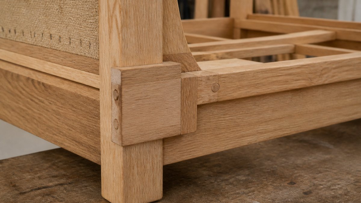 Close-up of traditional hardwood sofa frame showing kiln-dried oak joinery, corner blocks, and dowel construction detail with natural workshop lighting
