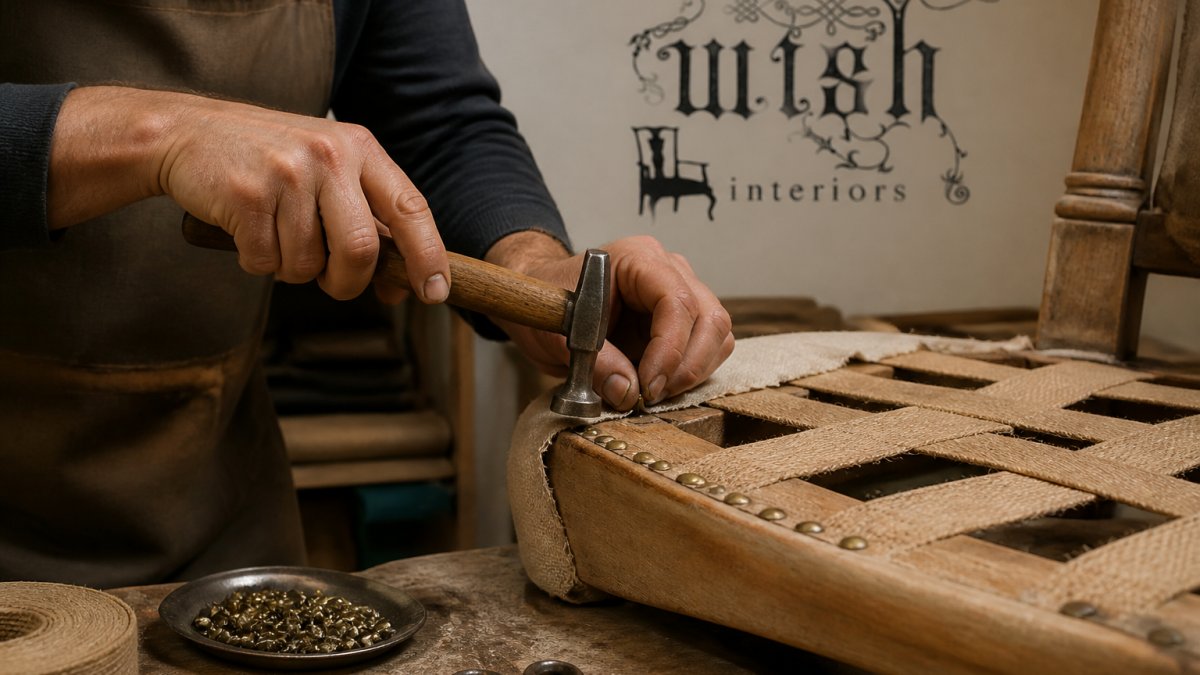 Skilled artisan using a magnetic hammer to secure fabric with brass tacks onto a wooden chair frame