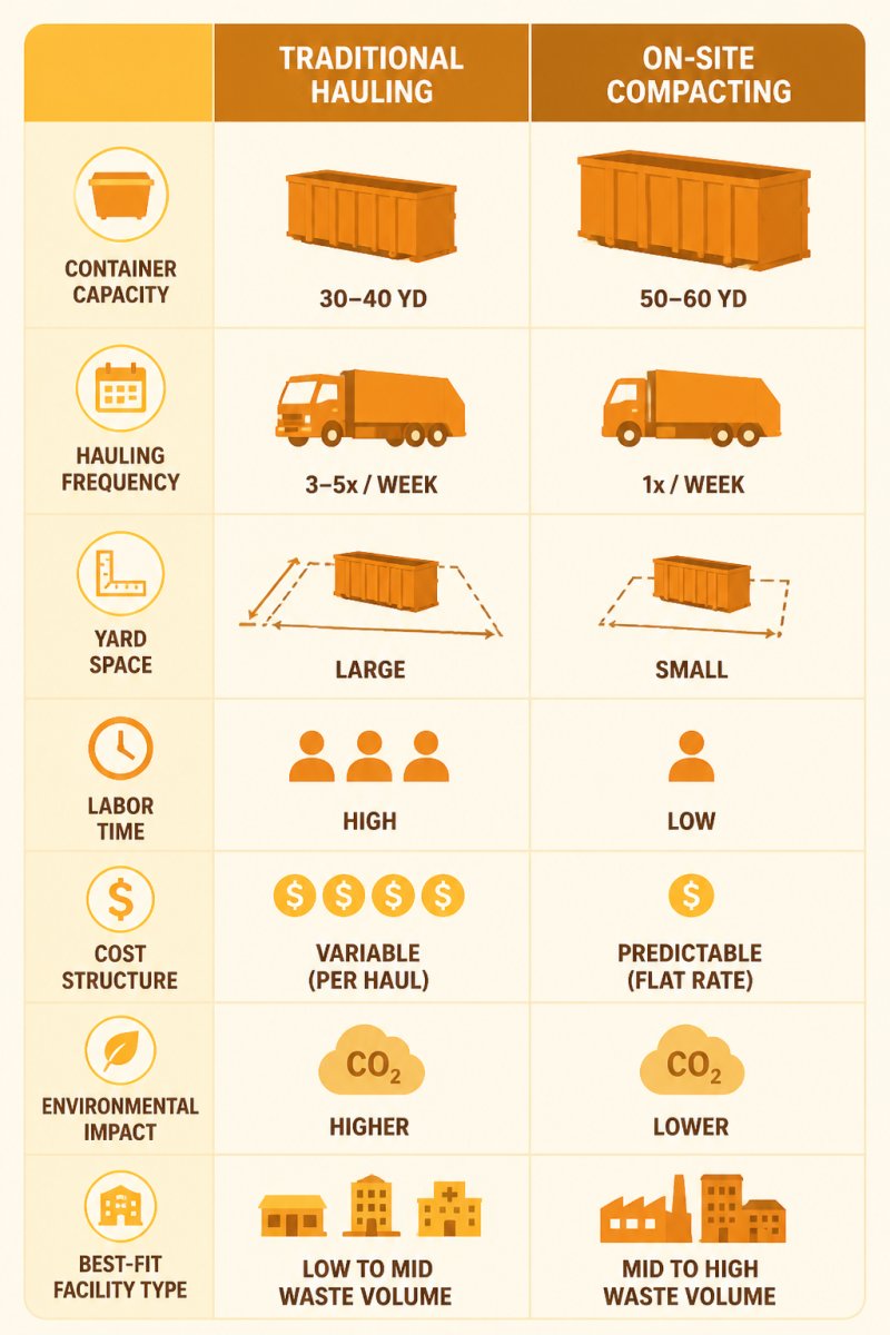 Comparison matrix of traditional hauling versus on-site compacting across seven criteria: container capacity, hauling frequency, yard space, labor time, cost structure, environmental impact, and best-fit facility type