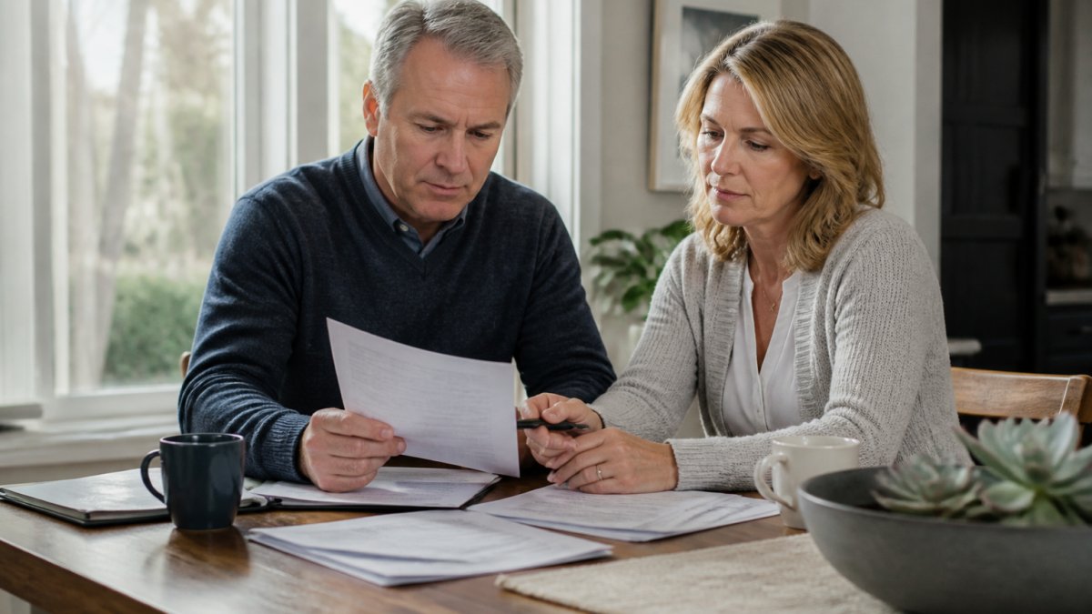 Middle-aged couple reviewing retirement planning documents at a desk with laptop and financial statements, natural window lighting