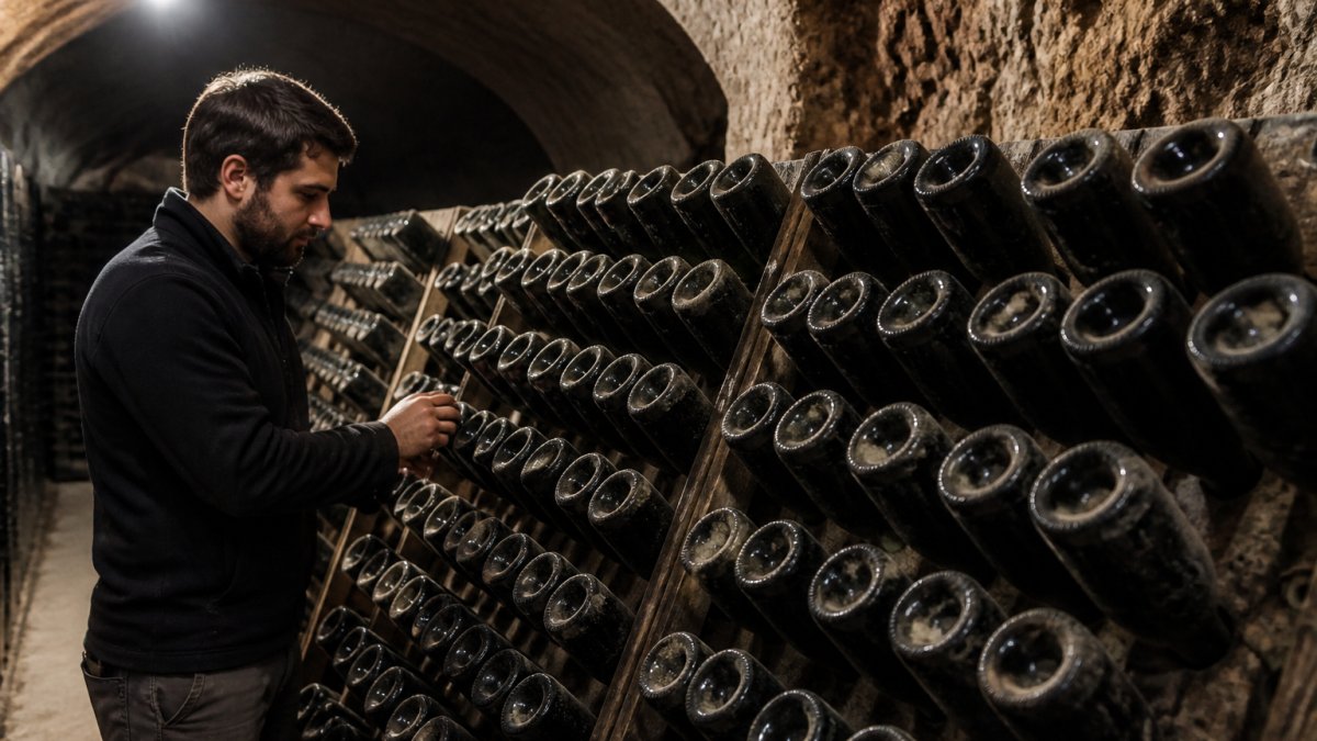 A winery worker in a dim cellar inspecting rows of sparkling wine bottles resting neck-down on wooden riddling racks, dust and soft overhead light catching the glass