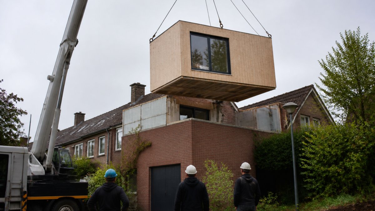 Een geprefabriceerde houten module wordt met een hijskraan op een bestaande woning in een woonwijk geplaatst, terwijl bouwvakkers toekijken