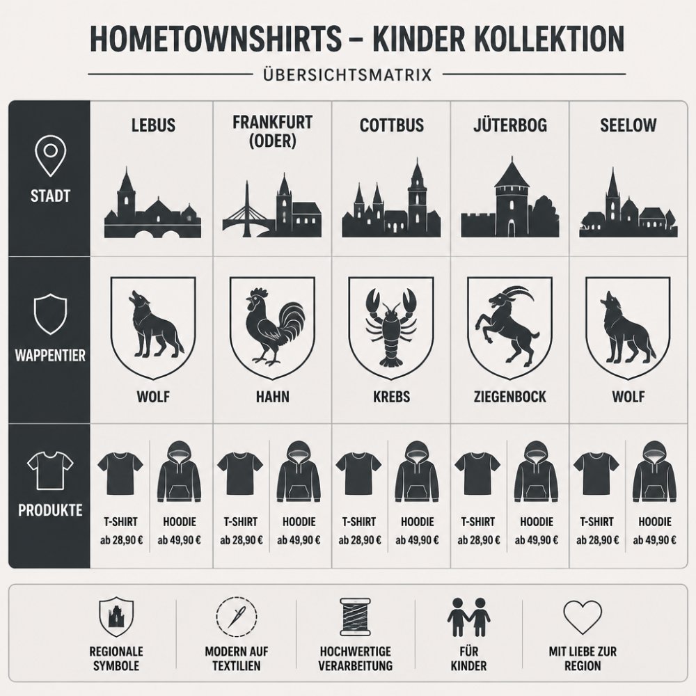 Übersichtsmatrix der HomeTownShirts-Kollektion für Kinder mit traditionelle Muster modern interpretiert für Kinder.
