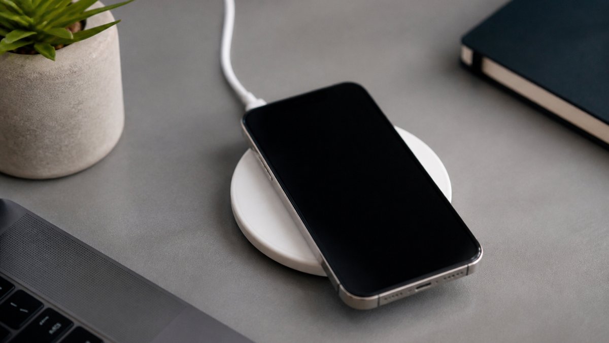 Nærbilde av en smarttelefon sentrert på en hvit trådløs ladeplate med grønt ladeindikator-lys på skjermen, på et minimalistisk grått skrivebord