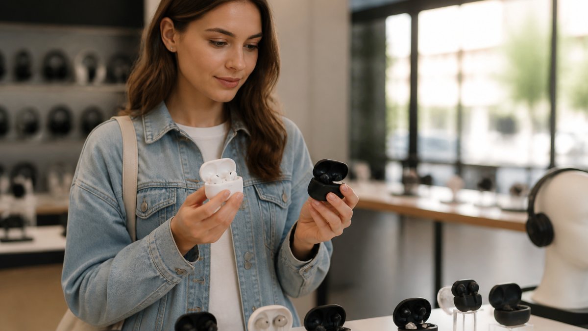 Person som tester ulike trådløse ørepropper alternativer ved å sammenligne passform og komfort mens hun holder flere modeller i hånden mot lyset i moderne showroom