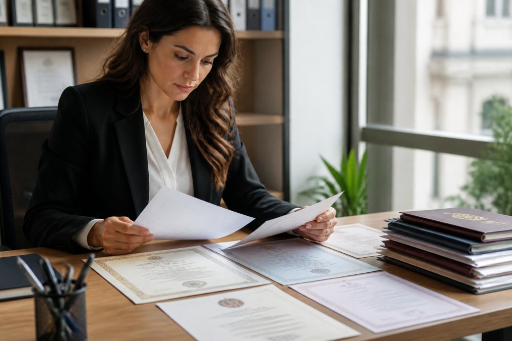 Profesional en escritorio moderno revisando documentos originales bajo luz natural, con certificados y documentos oficiales organizados cuidadosamente