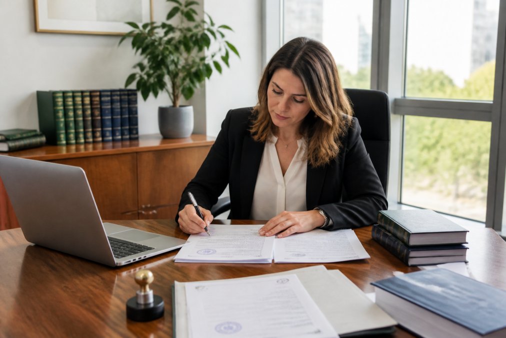 Traductora profesional trabajando en un escritorio bien organizado con documentos oficiales sellados, un portátil abierto y materiales de referencia, en una oficina moderna con luz natural