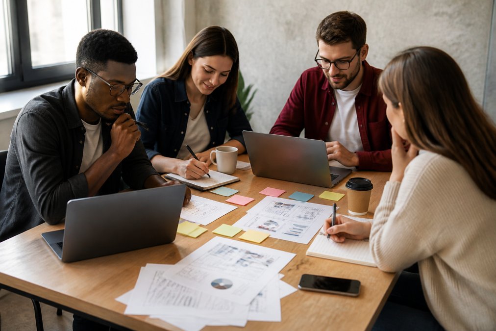 Team of content creators and SEO specialists collaborating around a desk with laptops and notes about keyword strategy, reviewing analytics and planning content calendar in a bright office environment