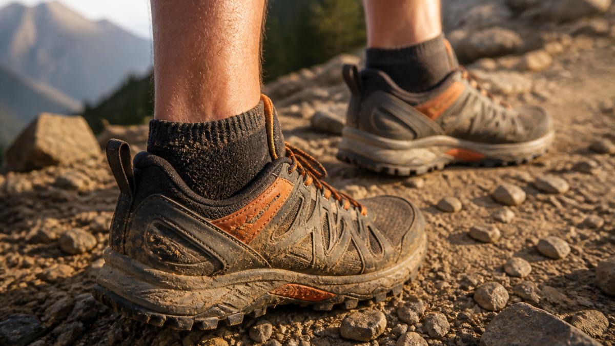 Trail runner wearing debris-blocking performance socks on a rocky mountain path during late afternoon light