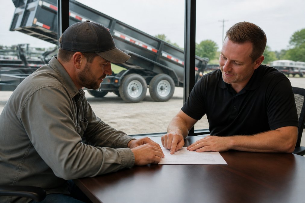 Contractor reviewing trailer financing paperwork with a salesperson at a dealership office