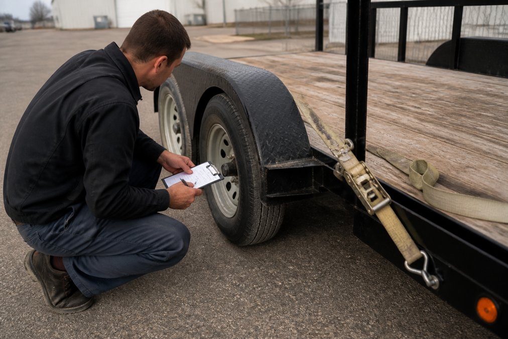 A person in work clothes crouching beside a utility trailer in a paved lot, holding a clipboard and inspecting the tires and straps before a rental pickup