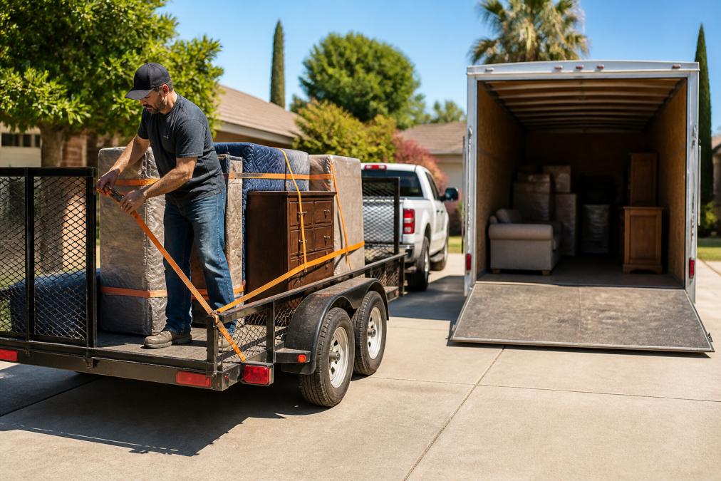 Person securing furniture with ratchet straps in an open utility trailer attached to a pickup truck in a residential driveway, afternoon sunlight
