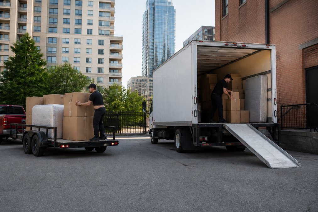 Two moving professionals loading boxes into a 16-foot box truck with ramp, morning light in urban loading area