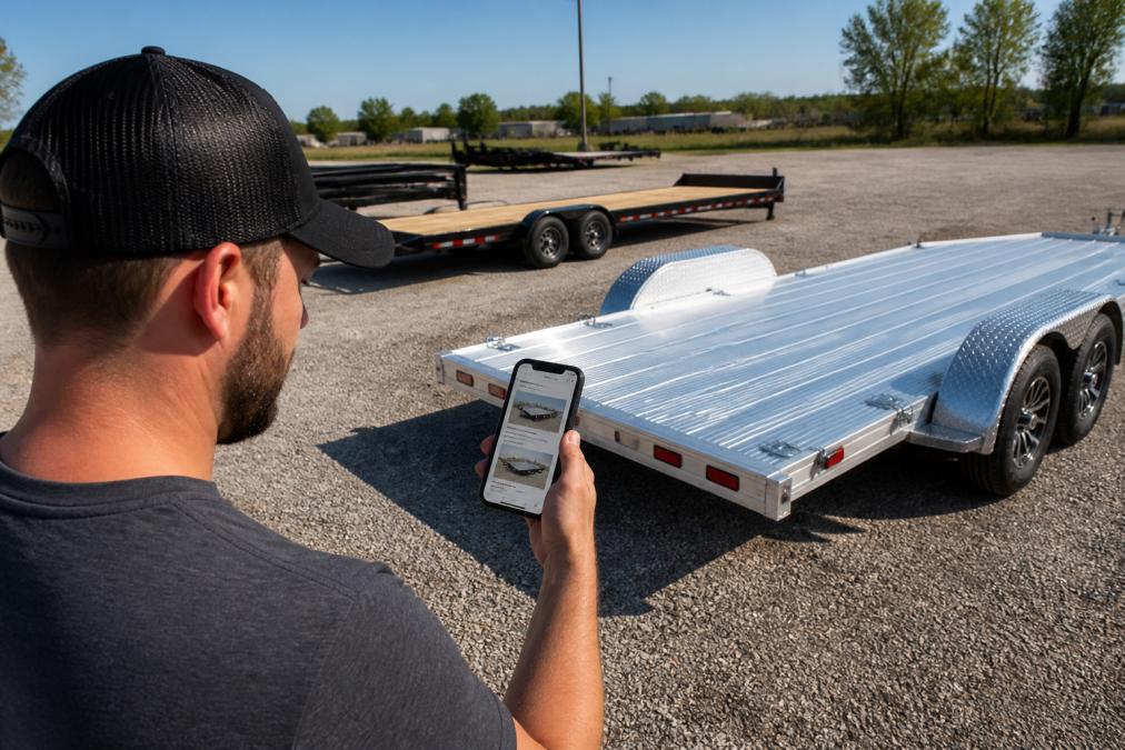 Man comparing listings on a smartphone for a trailer rental comparison beside an aluminum car hauler.