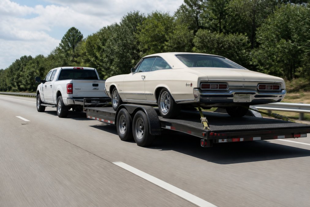 Pickup truck securely towing a classic car on a hauler, a safer choice than many trailerrentalnearme alternatives.