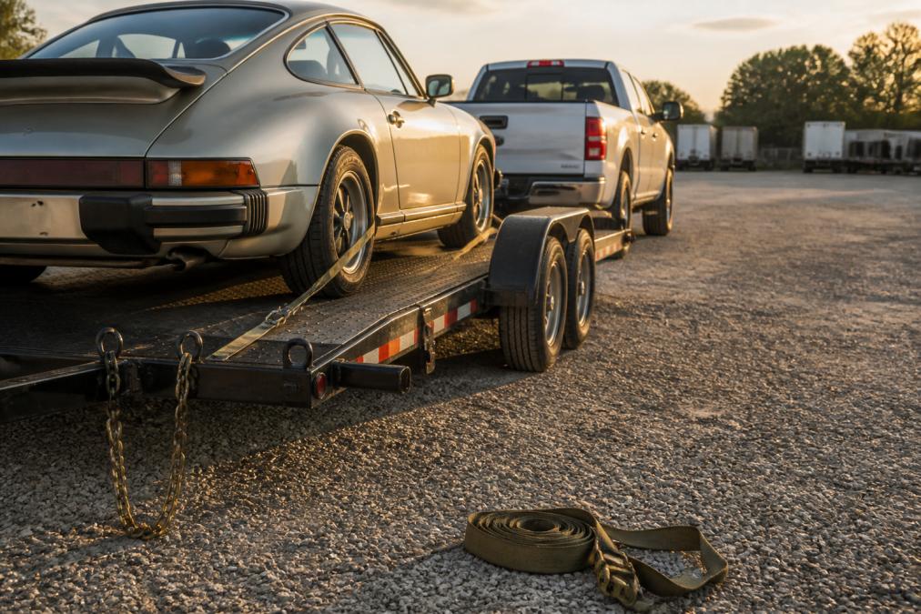 A pickup truck backed up to a loaded car hauler trailer in a gravel rental yard at golden hour, safety chains hanging loose and a tie-down strap in the foreground