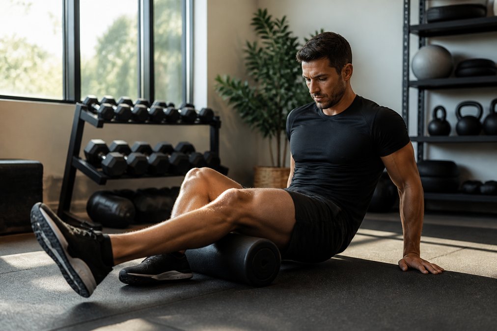 Athlete performing gentle foam rolling on legs in a home gym setting with recovery equipment visible on shelves, soft natural lighting from windows, appearing focused but relaxed