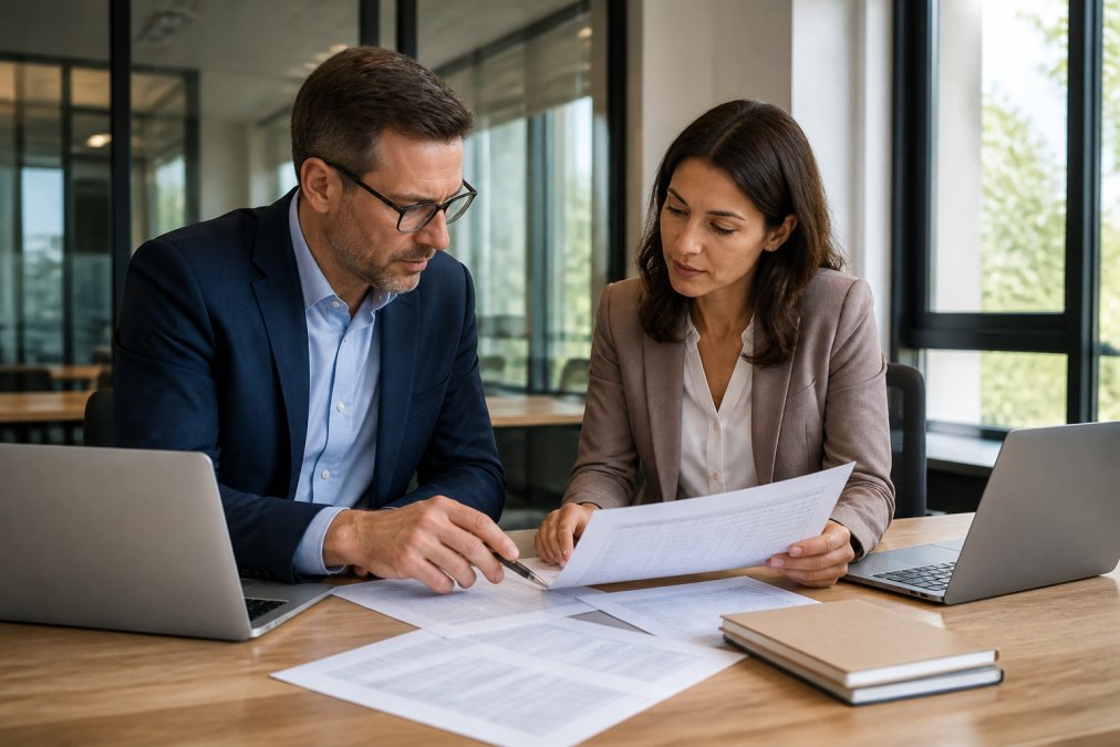 Financial analyst and HR manager reviewing a training cost benefit analysis process via spreadsheets