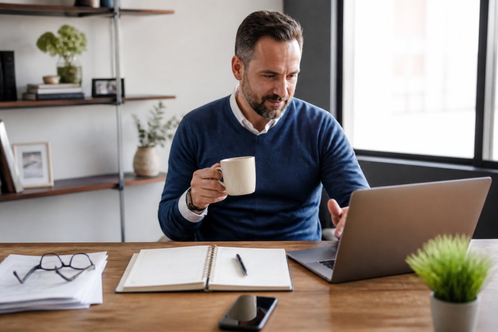 A middle manager in a smart-casual outfit checks a laptop while holding a coffee mug at a tidy desk, with a visible planner or calendar open beside them
