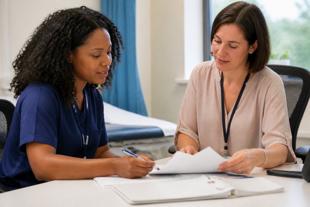 A clinician and an admin team member seated together at a desk, reviewing paperwork and talking, in a clean healthcare office environment with natural light