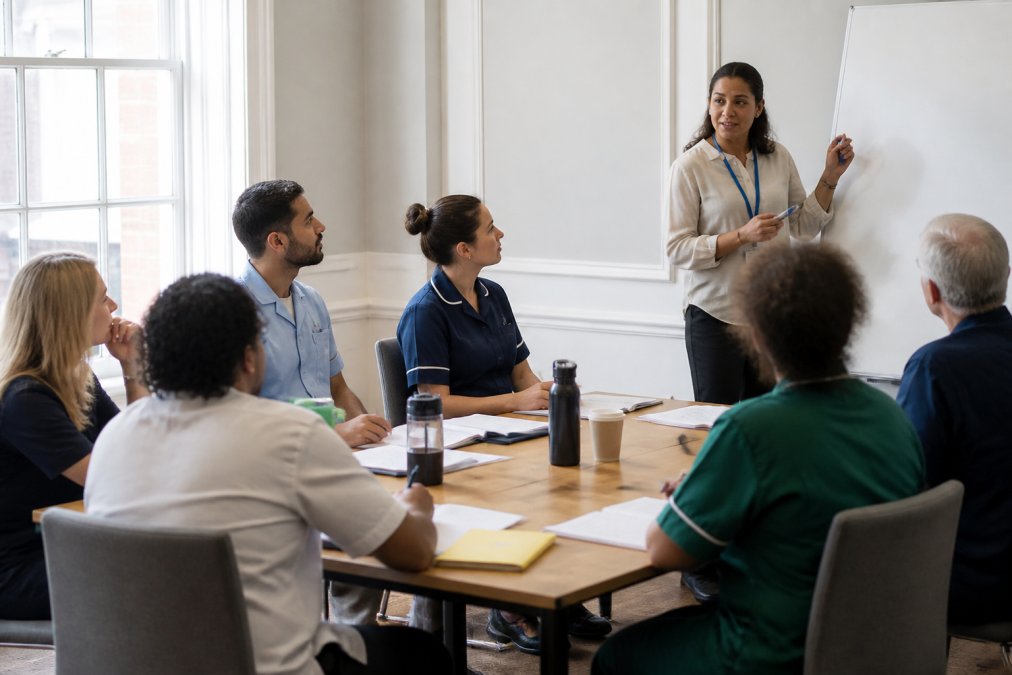 A diverse group of healthcare and office staff engaged in a training workshop around a table, with a facilitator standing at a whiteboard in a bright meeting room