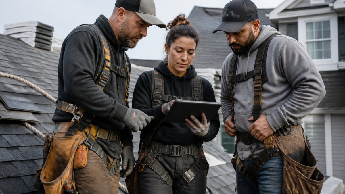 Professional roofing crew of three people gathered around a tablet reviewing AI software during a job site training session, with residential roofing visible in the background