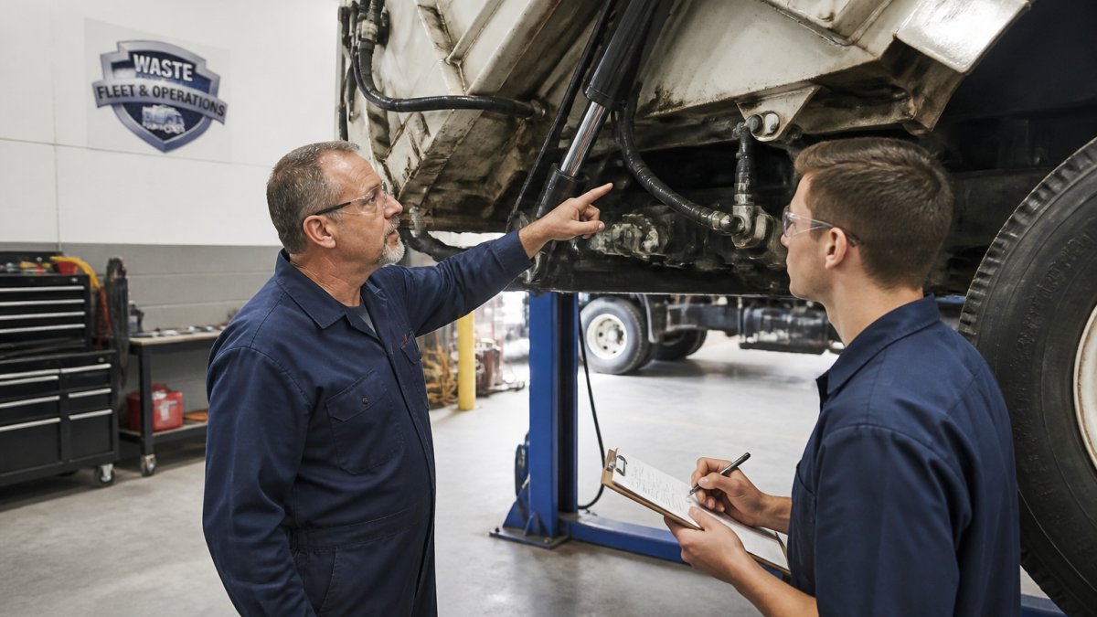 A senior diesel technician in work coveralls pointing out a hydraulic component under a raised waste collection truck while a younger technician in safety glasses takes notes on a clipboard, inside a well-lit maintenance shop