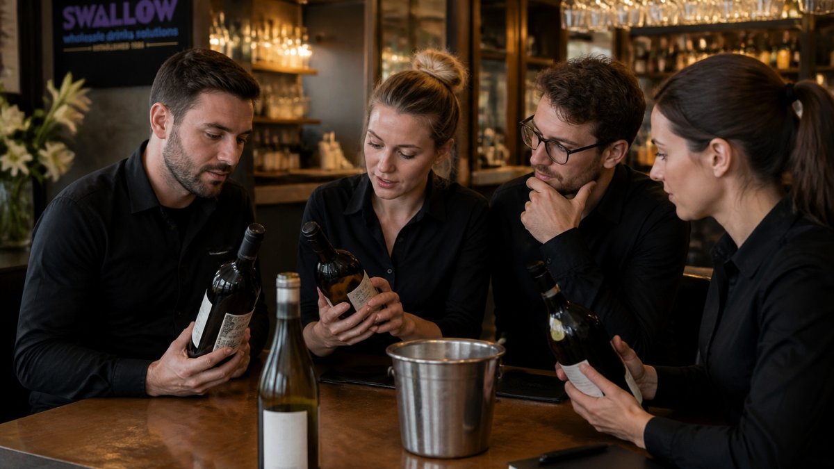 Professional hospitality staff gathered around a wooden table reviewing wine bottles and examining labels closely during a training session in a modern bar setting with warm lighting