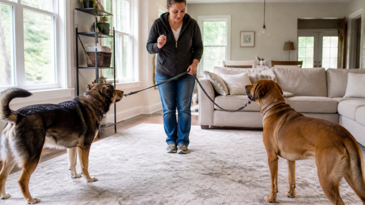A dog trainer working with two dogs on leashes in a bright living room, keeping them at a safe distance while rewarding calm behavior with treats