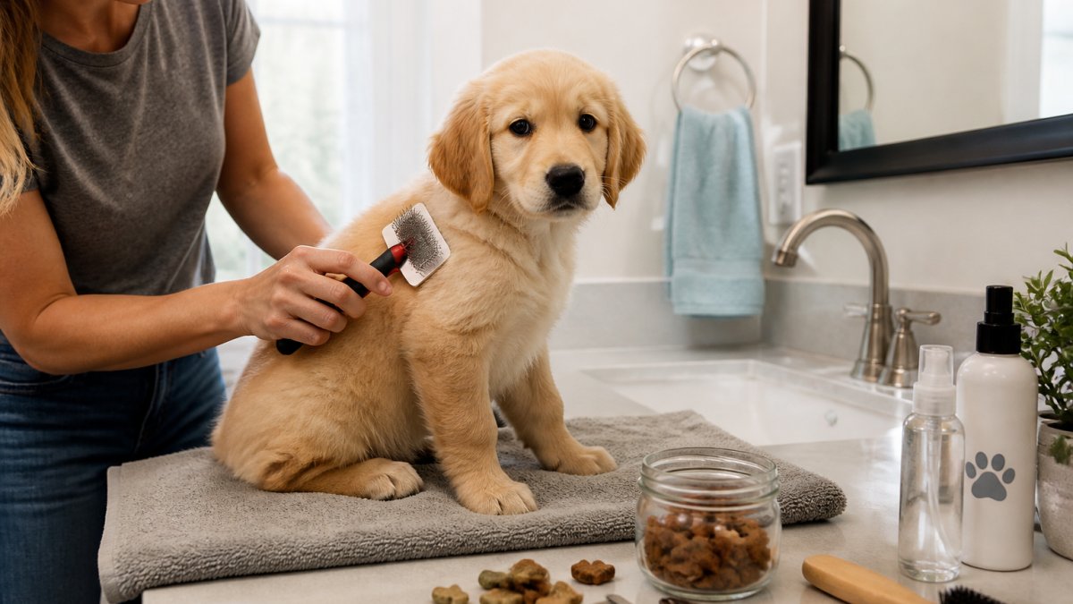 A young puppy sitting calmly on a towel in a bright home bathroom while a person gently brushes its back with a soft slicker brush, treats visible on the counter nearby