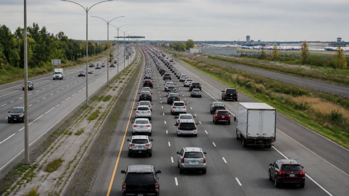 Vue aérienne d'une autoroute à plusieurs voies avec trafic dense se déplaçant lentement vers l'aéroport, véhicules espacés, ciel gris avec visibilité normale