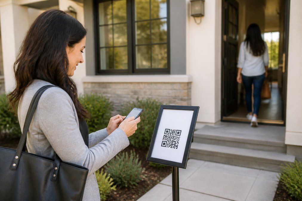A real estate agent holding a smartphone, scanning a QR code on a sign stand at the entrance of a home, with a potential buyer entering the doorway in the background