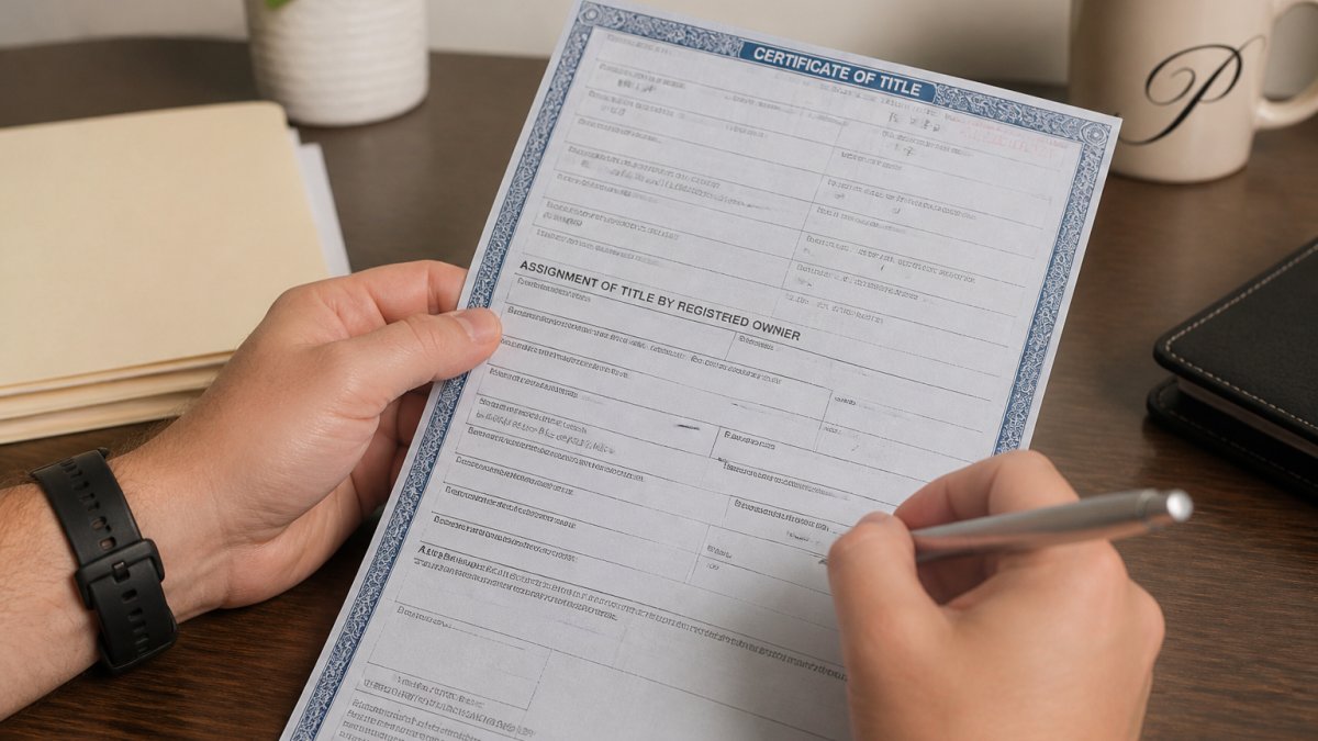Close-up of hands holding a completed vehicle title document with a pen ready to sign, showing the assignment section clearly