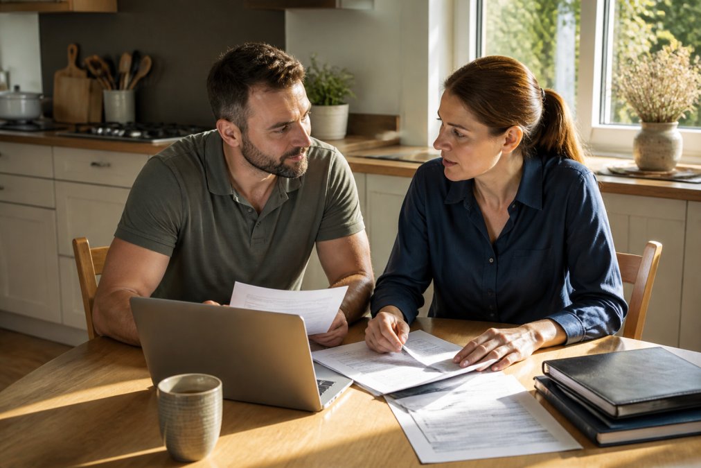 A couple sitting at a kitchen table reviewing property paperwork with a laptop open, discussing mortgage options with a solicitor's letter visible, warm afternoon light through window