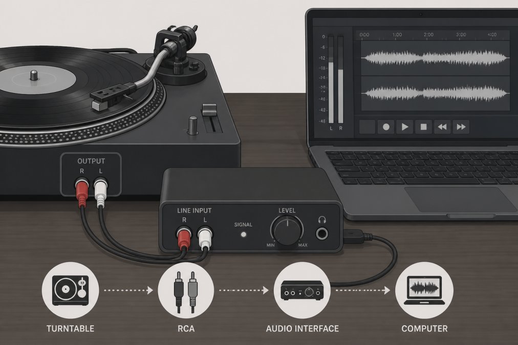 Close-up of a vintage turntable with RCA cables connected to a compact audio interface sitting on a warm wooden desk, with a laptop open in the background showing waveform recording software