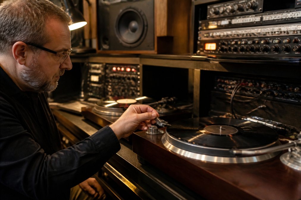 A technician in a tidy professional studio carefully lowering the stylus of a high-end turntable onto a vinyl LP, with a rack of professional audio equipment illuminated by warm studio lighting in the background