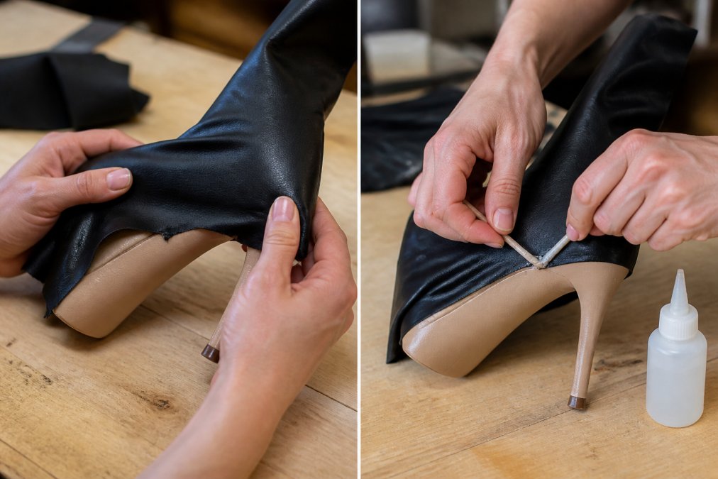 Hands carefully stretching a piece of black faux leather fabric over a nude stiletto heel, demonstrating the attachment process with the fabric partially wrapped around the shoe base and heel