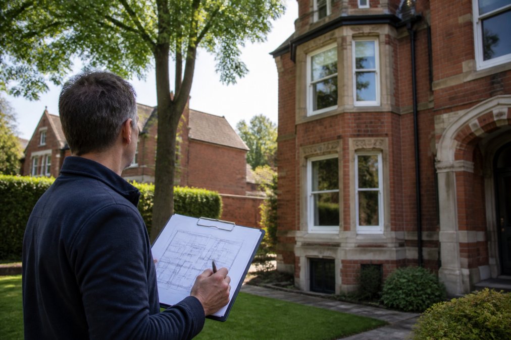 Architect or surveyor on site examining a residential property, holding a clipboard and taking detailed measurements, with brick buildings and mature trees visible in the background under natural daylight