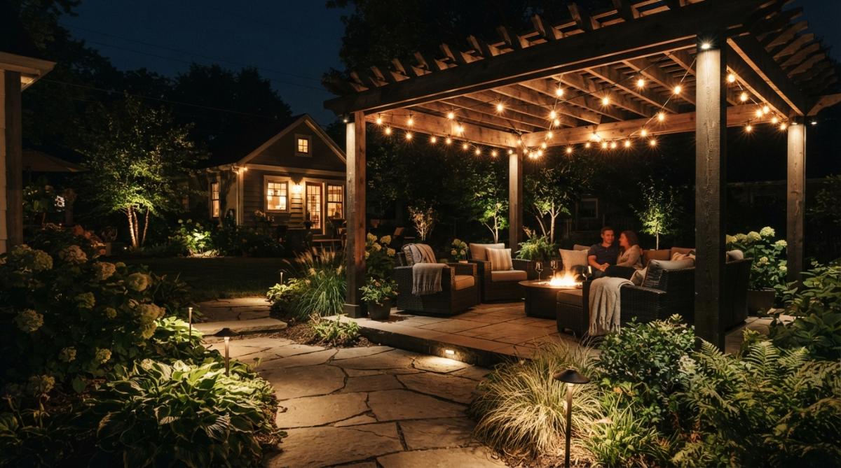 Evening view of a small backyard retreat with string lights overhead creating warm glowing patterns, ambient ground lighting along pathways, and a pergola casting dramatic shadows, creating a cozy and inviting atmosphere