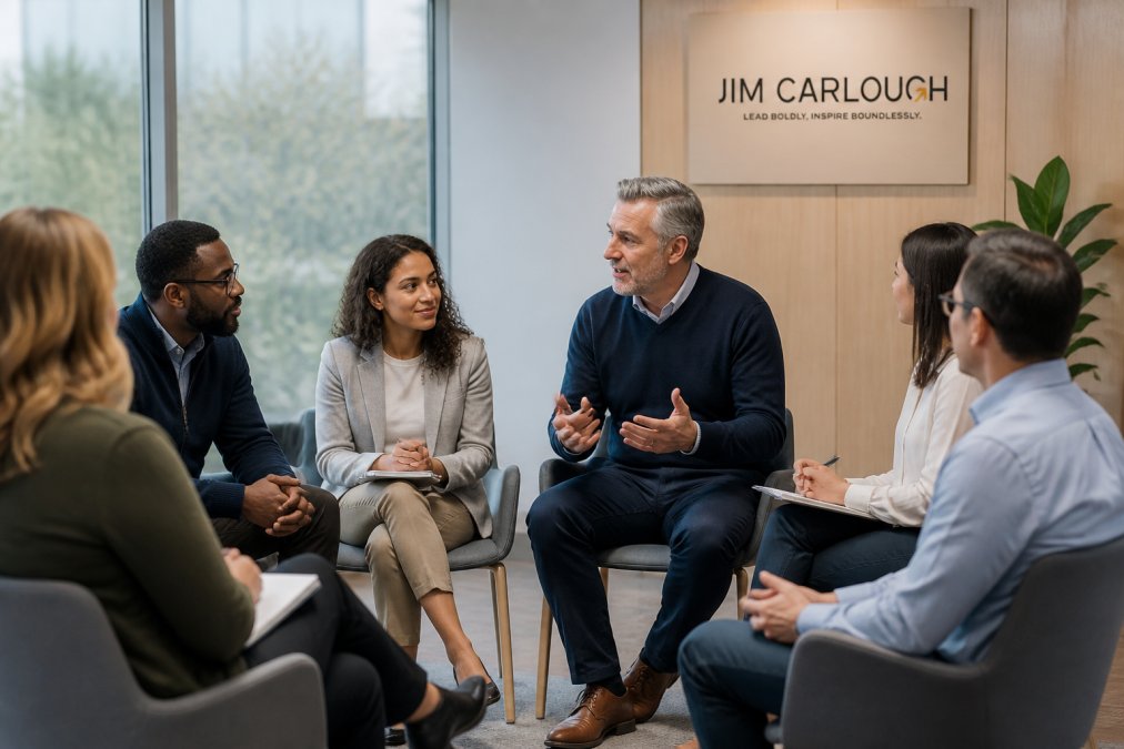 Professional team members sitting in a circle during a reflective coaching session, with one leader speaking thoughtfully while others listen with engaged expressions in a modern conference room with natural light