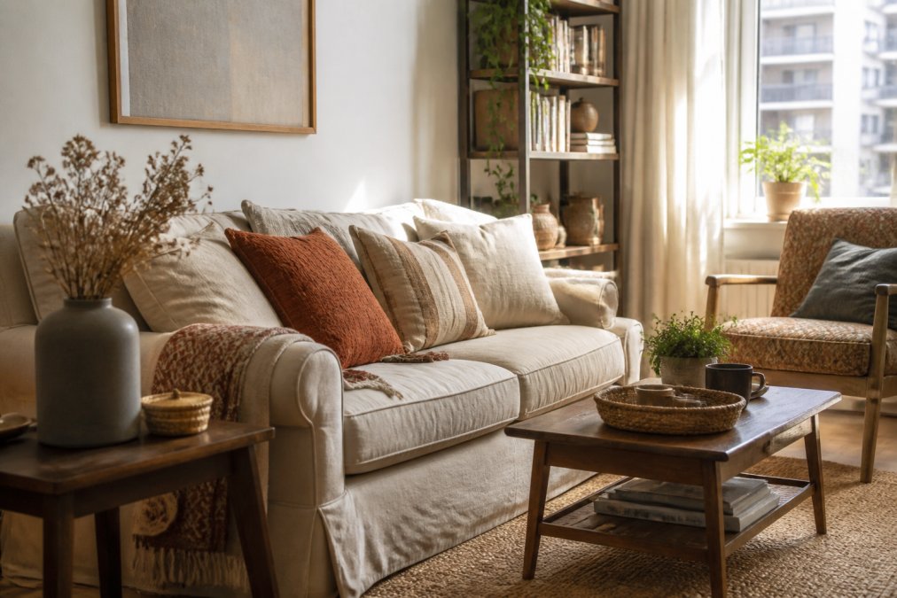 A cozy, well-lit small apartment living room with a neutral sofa, layered throw pillows in cream and terracotta, a grey ceramic vase holding dried stems on a side table, and a thrifted accent chair, warm afternoon light through a window