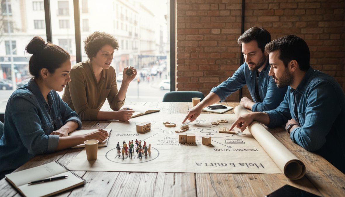 Equipo de profesionales planificando una estrategia de transformación digital para pymes con laptops en una oficina moderna.