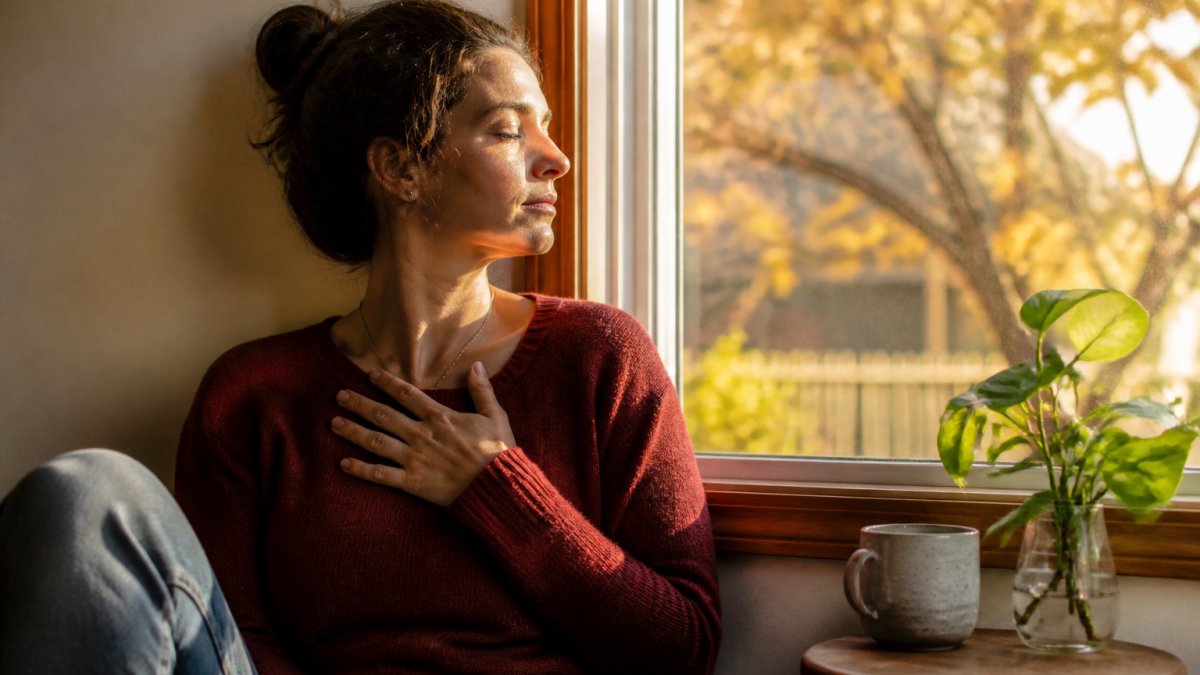 Woman sitting peacefully by a window during daylight, hand on chest, in a moment of calm self-awareness and grounding
